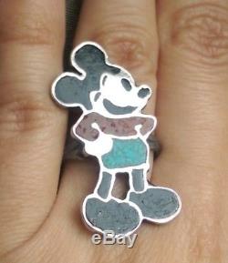 Fred Harvey Era Sterling Silver Turquoise Coral Inlay Mickey Mouse Ring
