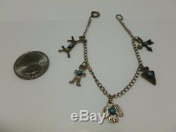 Fred Harvey Era Sterling Silver Turquoise Southwestern Pawn Charm Bracelet 7