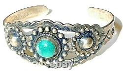 Fred Harvey Era Sterling Turquoise Cuff Bracelet Signed Silver Arrow Railroad