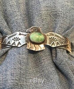 Fred Harvey Era Style Thunderbird Cuff Withgreen Turquoise Set In Sterling Silver