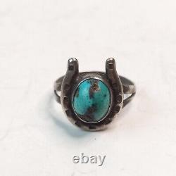 Fred Harvey Era Turquoise Horseshoe Ring Sterling Silver Navajo TCH Size 8.25