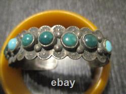 Fred Harvey Era Vintage Navajo Sterling Silver Stamped Turquoise Cuff Bracelet