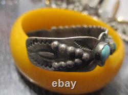 Fred Harvey Era Vintage Navajo Sterling Silver Stamped Turquoise Cuff Bracelet