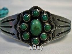 Fred Harvey Era ZUNI CERRILLOS TURQUOISE Coin SILVER 90%Ag Whirling Logs CUFF