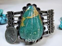 Fred Harvey Era ZUNI Natural Carved CERRILLOS TURQUOISE Coin SILVER 79g CUFF