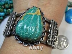 Fred Harvey Era ZUNI Natural Carved CERRILLOS TURQUOISE Coin SILVER 79g CUFF