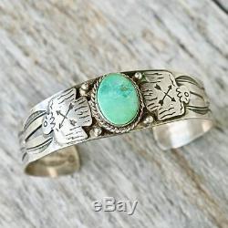 Fred Harvey Green Turquoise Cuff Bracelet Thunderbird Silver Old Pawn Vintage