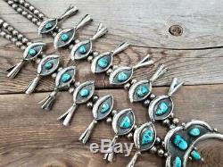 Fred Harvey Navajo Sterling Silver Kingman Turquoise Squash Blossom Necklace Set