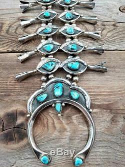 Fred Harvey Navajo Sterling Silver Kingman Turquoise Squash Blossom Necklace Set