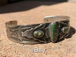 Fred Harvey Old Pawn Navajo Coin Silver Cerrillos Turquoise Arrow Cuff Bracelet