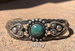 Fred Harvey Pawn Navajo Sterling Silver Green Turquoise Stamped Cuff Bracelet