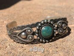 Fred Harvey Pawn Navajo Sterling Silver Green Turquoise Stamped Cuff Bracelet