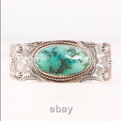 Fred Harvey Sterling Green Turquoise Bump Ups Arrow Stamps Cuff Bracelet 6.5