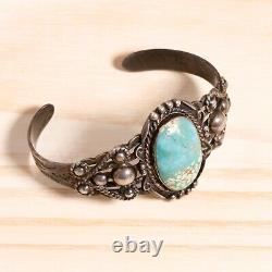 Fred Harvey Sterling Silver Green Spiderweb Turquoise Cuff Bracelet Size 6.25