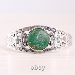 Fred Harvey Sterling Silver Green Turquoise Sunface Arrow Cuff Bracelet 6.75