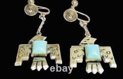 Fred Harvey Sterling Silver ThunderBird Turquoise Screw Back Earrings MUST SEE