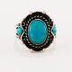 Fred Harvey Sterling Turquoise Rope Border Rain Drops Three Stone Ring 7.25