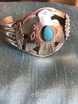 Fred Harvey Style Coin Silver Thunderbird Turquoise Cuff Bracelet Vintage 27 gms