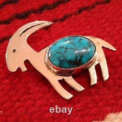 Fred Harvey Style Navajo Vtg Sterling Silver Goat Turquoise Brooch