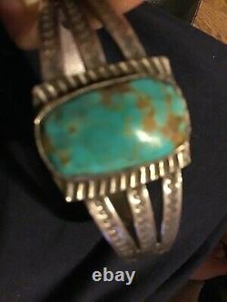 Fred Harvey Style Turquoise Sterling Silver Cuff Tooled Stamped Navajo Zuni