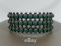 Fred Harvey Zuni Sterling Silver Turquoise Petit Point Wide 3 Row Cuff Bracelet