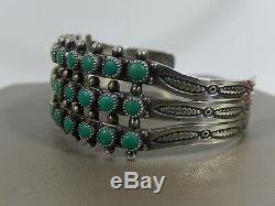 Fred Harvey Zuni Sterling Silver Turquoise Petit Point Wide 3 Row Cuff Bracelet