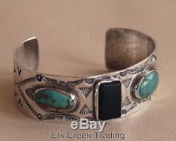 Fred Harvey-era Navajo Silver Cuff Bracelet Turquoise Black jet stones, C, 1930s