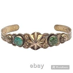 Fred Harvey era Navajo sterling silver Cerrillos turquoise Hand tooled bracelet