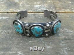 Fred Harvey era sterling silver three turquoise 1950s Navajo cuff bracelet