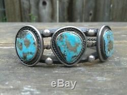 Fred Harvey era sterling silver three turquoise 1950s Navajo cuff bracelet