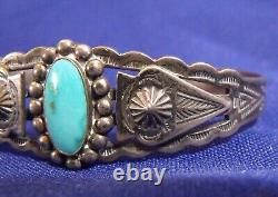 Fred Harvey era sterling silver turquoise cuff bracelet with applied arrowheads