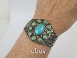Fred Harvey turquoise sterling silver Navajo thunderbird bear cuff bracelet