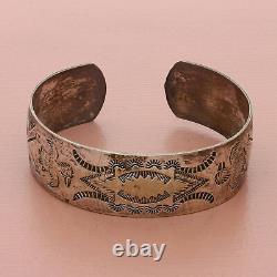 Fred harvey era sterling silver vintage stamped birds wide cuff bracelet 6in