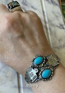 Gorgeous Fred Harvey Nickel Silver Double Thunderbird Turquoise Cuff