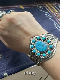 Gorgeous Fred Harvey Nickel Silver Turquoise Large Cuff