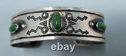 Great Fred Harvey Wide Cuff Navajo Silver & Turquoise Bracelet Green Stones