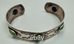Great Fred Harvey Wide Cuff Navajo Silver & Turquoise Bracelet Green Stones