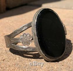 HUGE Old Fred Harvey Navajo Sterling Silver Black Onyx Stamped Cuff Bracelet