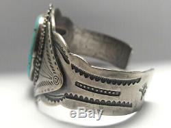Heavy Fred Harvey Style Blue Turquoise Sterling Silver cuff bracelet 61 grams