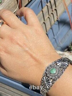 Impressive Deep Green Turquoise Coin Silver Navajo Bracelet Fred Harvey Era 26g