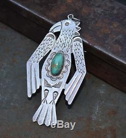 LARGE Old Pawn Navajo Fred Harvey Era Thunderbird Pendant Fob Silver turquoise