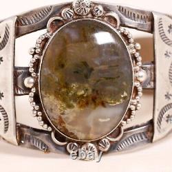 Large Fred Harvey Sterling Silver Moss Agate Thunderbirds Cuff Bracelet 6.5