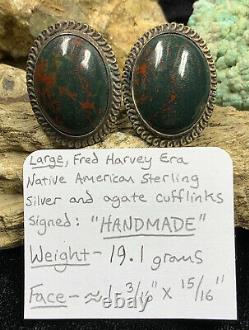 Large HANDMADE Fred Harvey Era Sterling Silver & Agate Cufflinks, 19.1g
