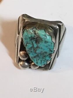 Large Old Pawn Fred Harvey Era Navajo Sterling Silver and Turquoise RING Size 12