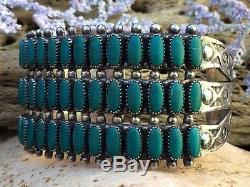 Large Zuni Turquoise Rows Stamped Fred Harvey Era Sterling Silver Cuff Bracelet