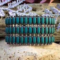 Large Zuni Turquoise Rows Stamped Fred Harvey Era Sterling Silver Cuff Bracelet