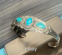 Late Fred Harvey Era Sterling Turquoise Cuff Bracelet Nice Stampwork