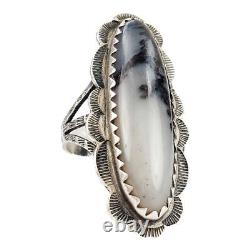 Long Vintage Fred Harvey Sterling Silver Moss Agate Ring Size 10.25
