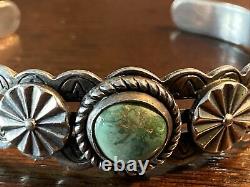 Lovely Navajo Green Turquoise Coin Silver Fred Harvey Bracelet