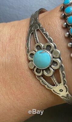 Lovely Sterling Silver Turquoise Flower Bracelet Navajo Fred Harvey Era Old Pawn